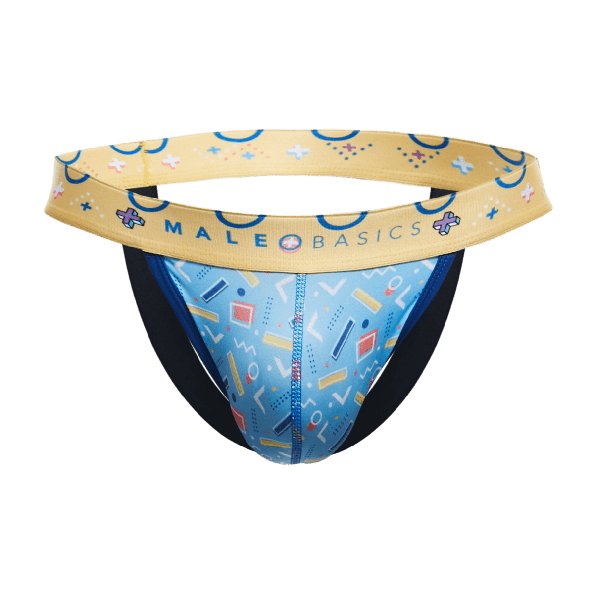 Malebasics hipster jockstrap comics with blue and yellow geometric patterned athletic briefs for support and style