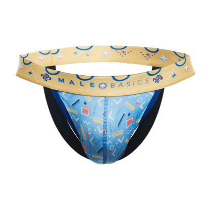 Malebasics hipster jockstrap comics with blue and yellow geometric patterned athletic briefs for support and style
