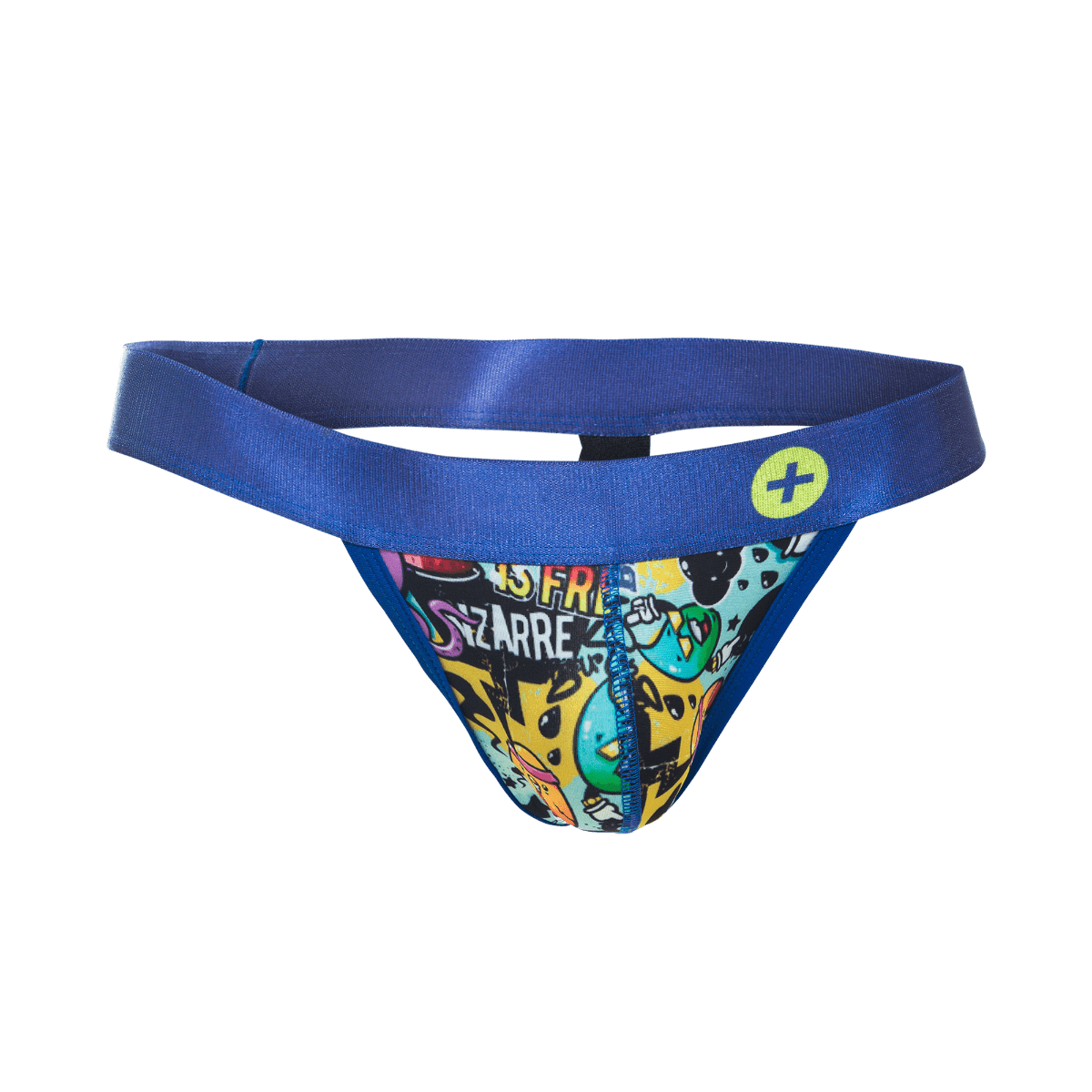 Malebasics hipster jockstrap comics blue thong with vibrant yellow black and teal graffiti style print front view