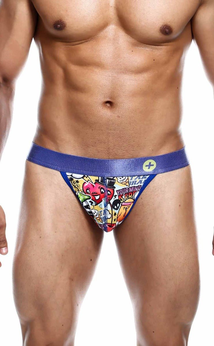 Blue and multicolored maleBasics hipster thong comics graphic briefs with satin-like waistband for a bold look