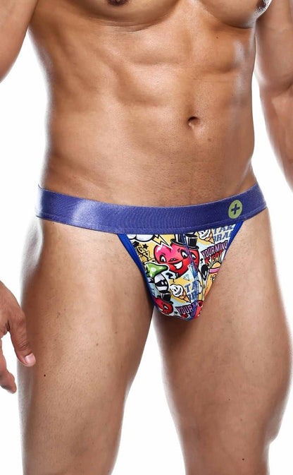 Vibrant comic-book-themed malebasics hipster thong briefs with shiny blue waistband and colorful cartoon graphics