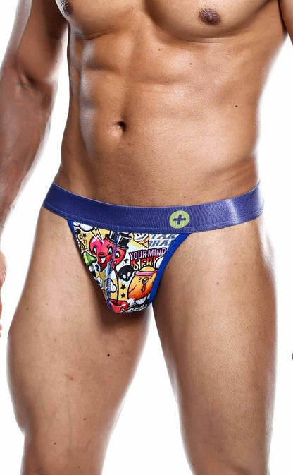 Blue and multicolored malebasics hipster thong comics briefs with a glossy waistband featuring cartoon prints