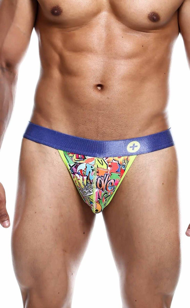 Malebasics hipster thong comics featuring vibrant graffiti-style print with bold blue waistband and neon green trim