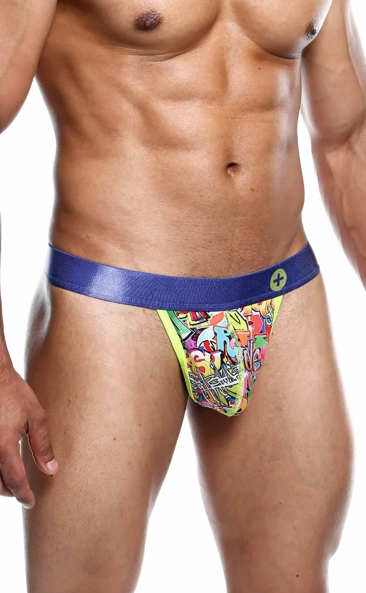 Malebasics hipster thong comics vibrant comic book style briefs with bold blue waistband and neon yellow trim