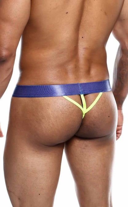 Malebasics hipster thong comics in blue and neon yellow with shiny textured waistband front view