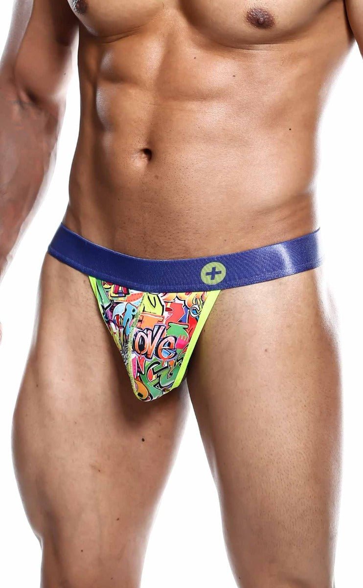 Malebasics hipster thong comics featuring vibrant graffiti pattern briefs with bold blue waistband and neon green trim