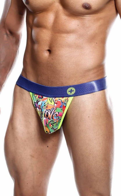 Malebasics hipster thong comics featuring vibrant graffiti pattern briefs with bold blue waistband and neon green trim