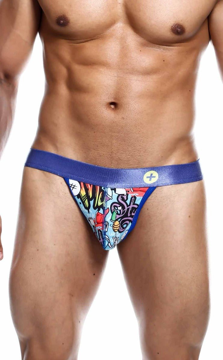 Blue and multicolored graffiti-patterned malebasics hipster thong comics with a satin-like waistband for men