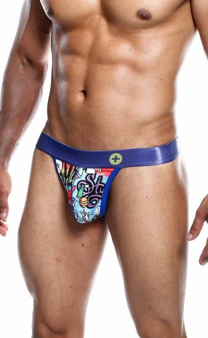 Malebasics hipster thong comics featuring blue and white graffiti pattern with solid blue waistband and green logo