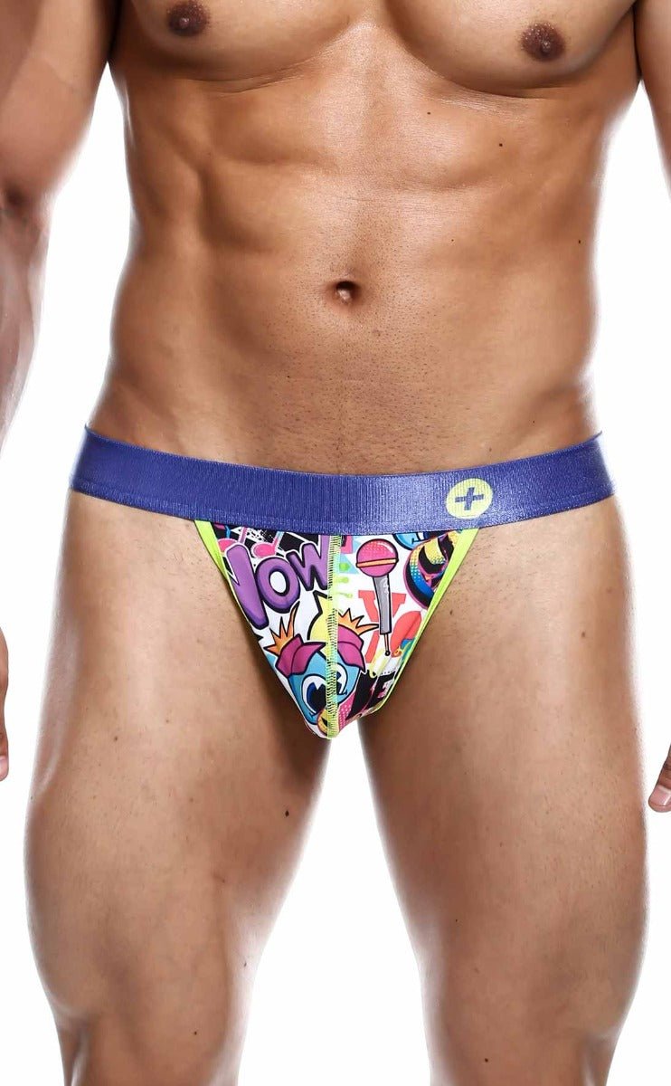Malebasics hipster thong comics with vibrant comic-style print and bold blue waistband for stylish comfort