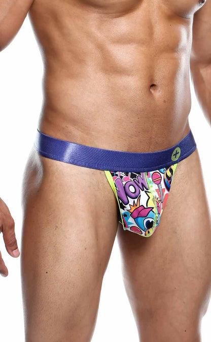 MaleBasics hipster thong comics features vibrant comic book-themed briefs with a bold blue waistband and colorful graphics