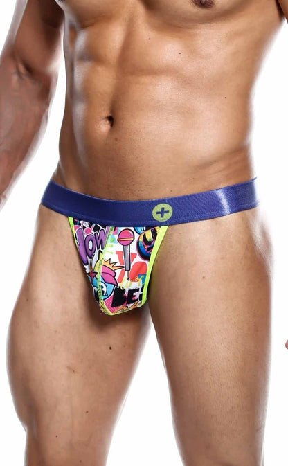 MaleBasics hipster thong comics with vibrant graffiti print, bold blue waistband, and neon yellow trim