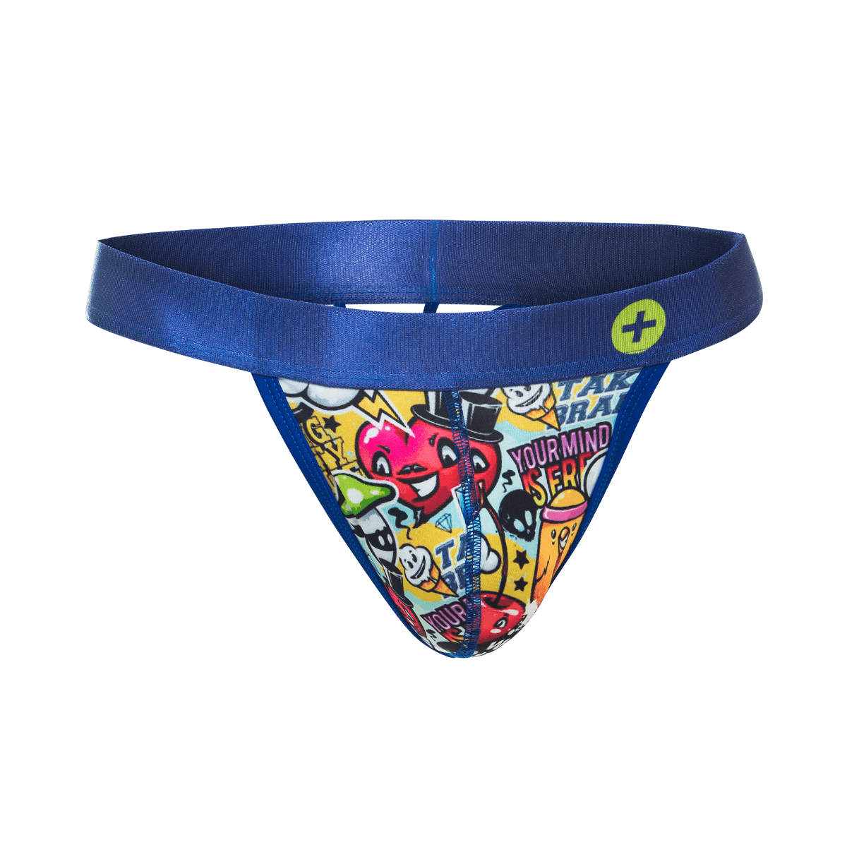 Blue malebasics hipster thong with vibrant cartoon-themed print and text on yellow background for men
