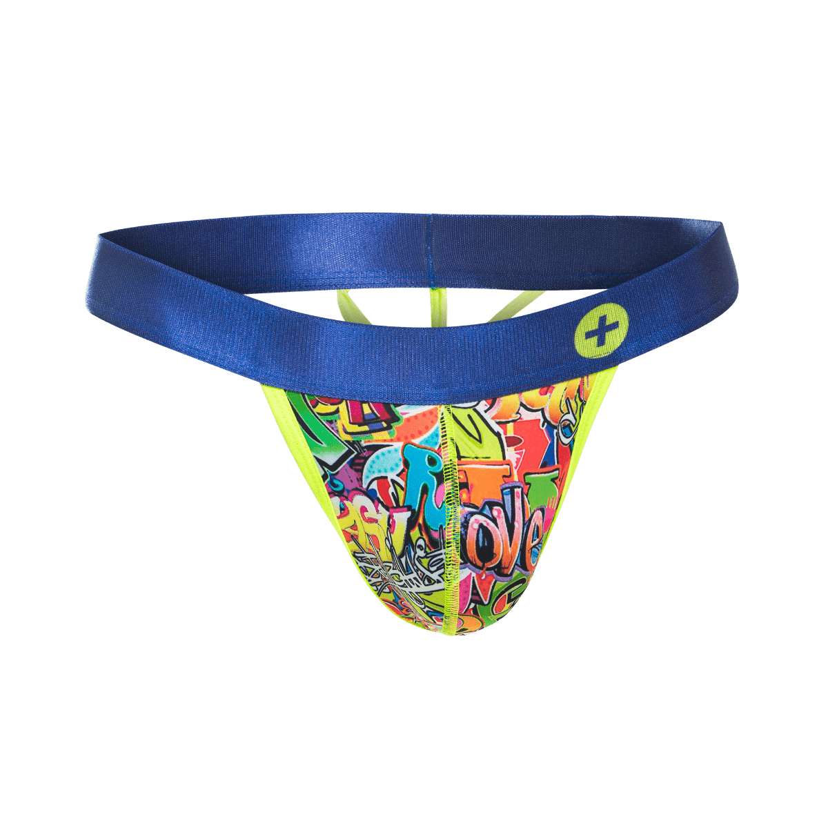 Malebasics hipster thong comics vibrant graffiti pattern with bold blue waistband and neon yellow trim front view