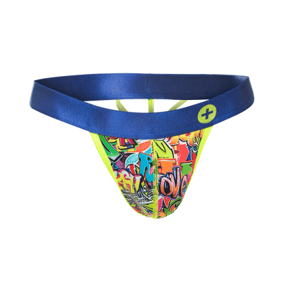 Malebasics hipster thong comics vibrant graffiti pattern with bold blue waistband and neon yellow trim front view