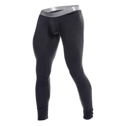 Black men’s MaleBasics long john pima compression tights with silver waistband made from pima cotton blend
