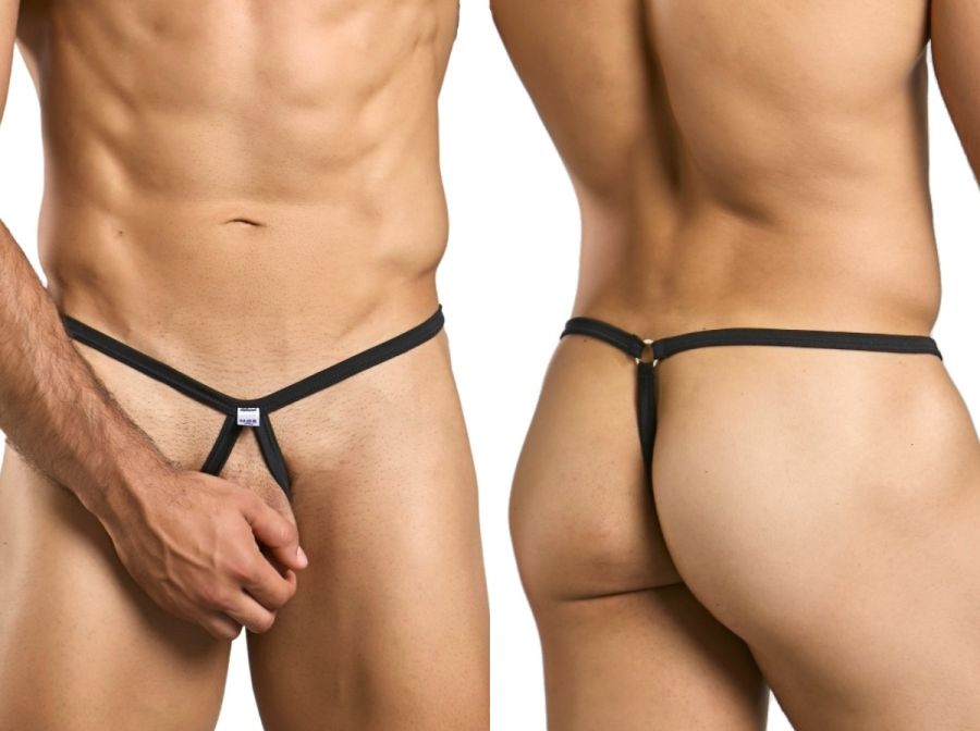Malebasics mbl24 tear drop thong in black with a central triangular design and small metallic clasp at the back view