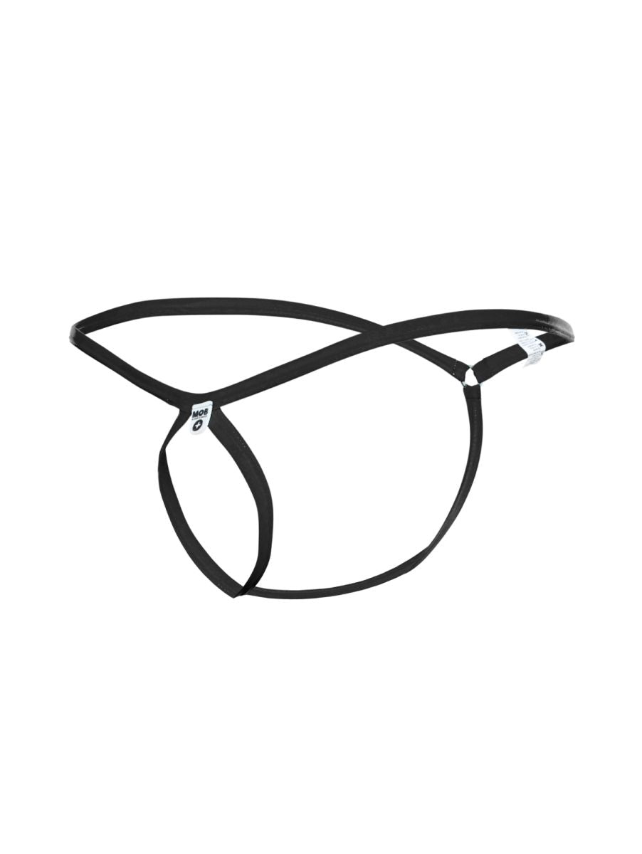 Black minimalist male basics mbl24 teardrop thong with adjustable straps showing the back side