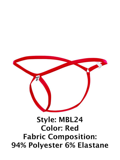 Malebasics mbl24 tear drop red thong with crisscross elastic straps made of 94 polyester and 6 elastane