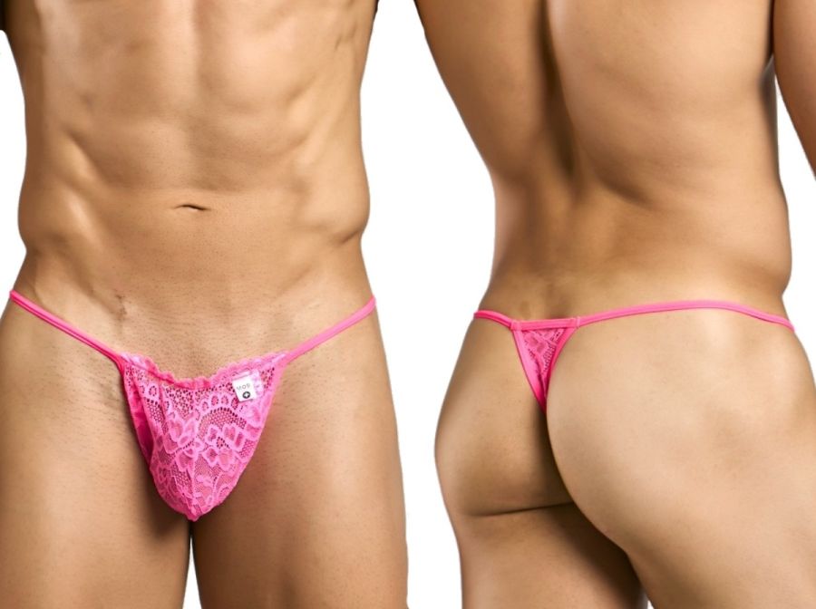 Malebasics mbl27 hot pink lace thong with delicate heart pattern and thin elastic straps visible from the back side