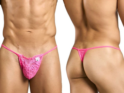 Malebasics mbl27 hot pink lace thong with delicate heart pattern and thin elastic straps visible from the back side