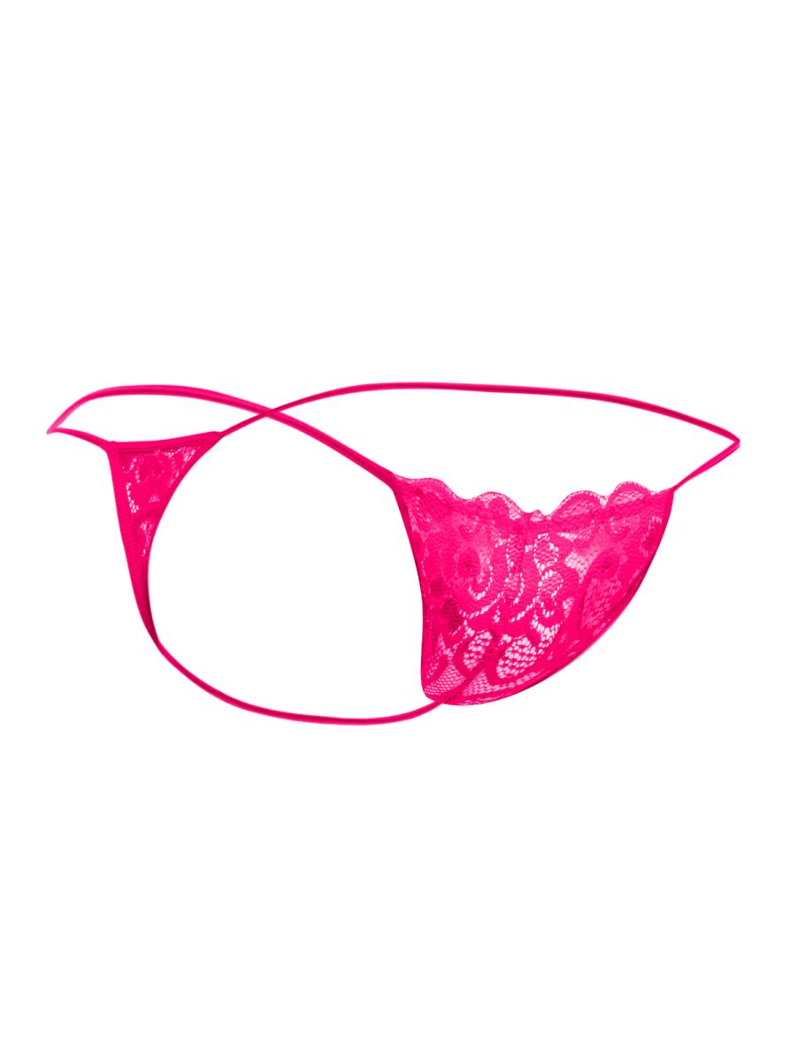 Malebasics mbl27 lace thong in hot pink featuring scalloped edges and thin elastic straps for men
