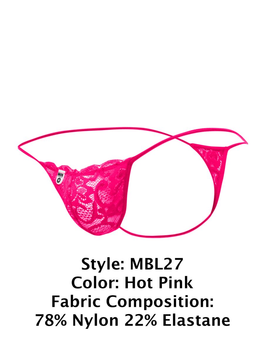 Malebasics mbl27 hot pink lace thong with thin elastic straps and sheer patterned fabric for men