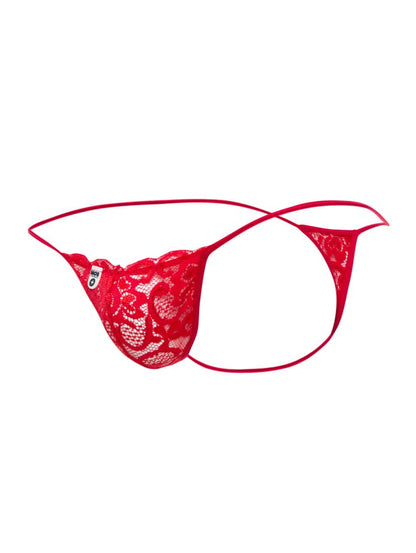 Malebasics mbl27 red lace thong featuring intricate floral patterns and thin matching elastic straps