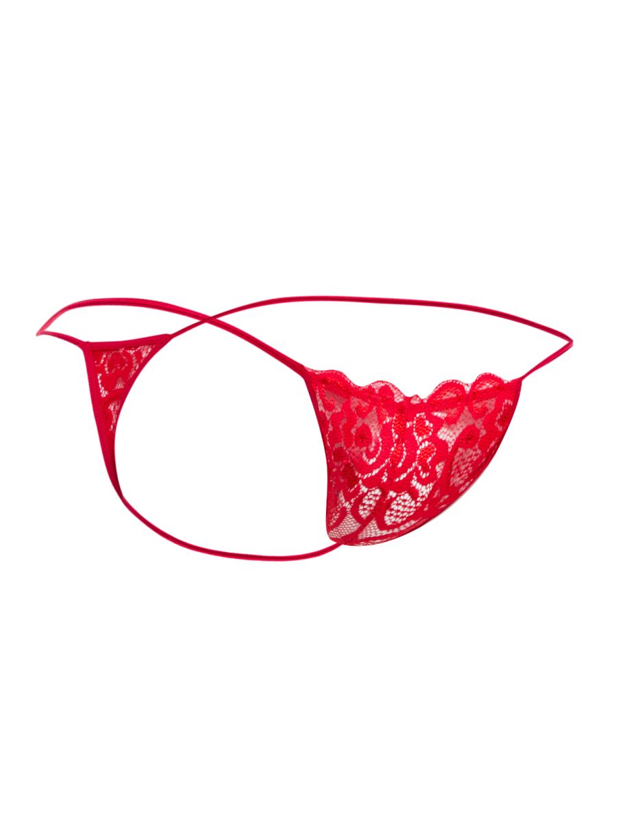 Red lace thong malebasics mbl27 featuring intricate floral patterns and thin matching elastic straps in red