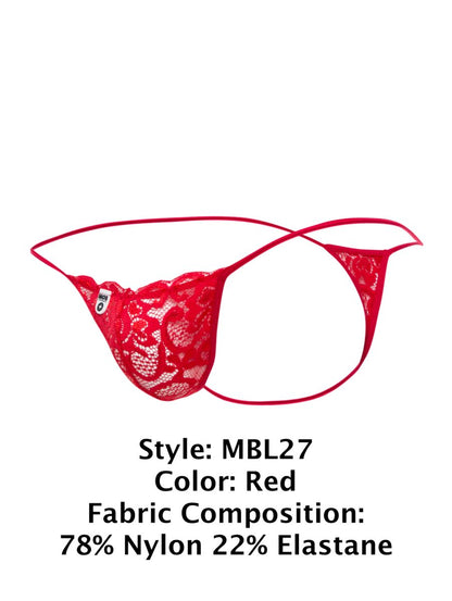 MaleBasics MBL27 red lace thong with thin elastic straps and delicate floral pattern for men