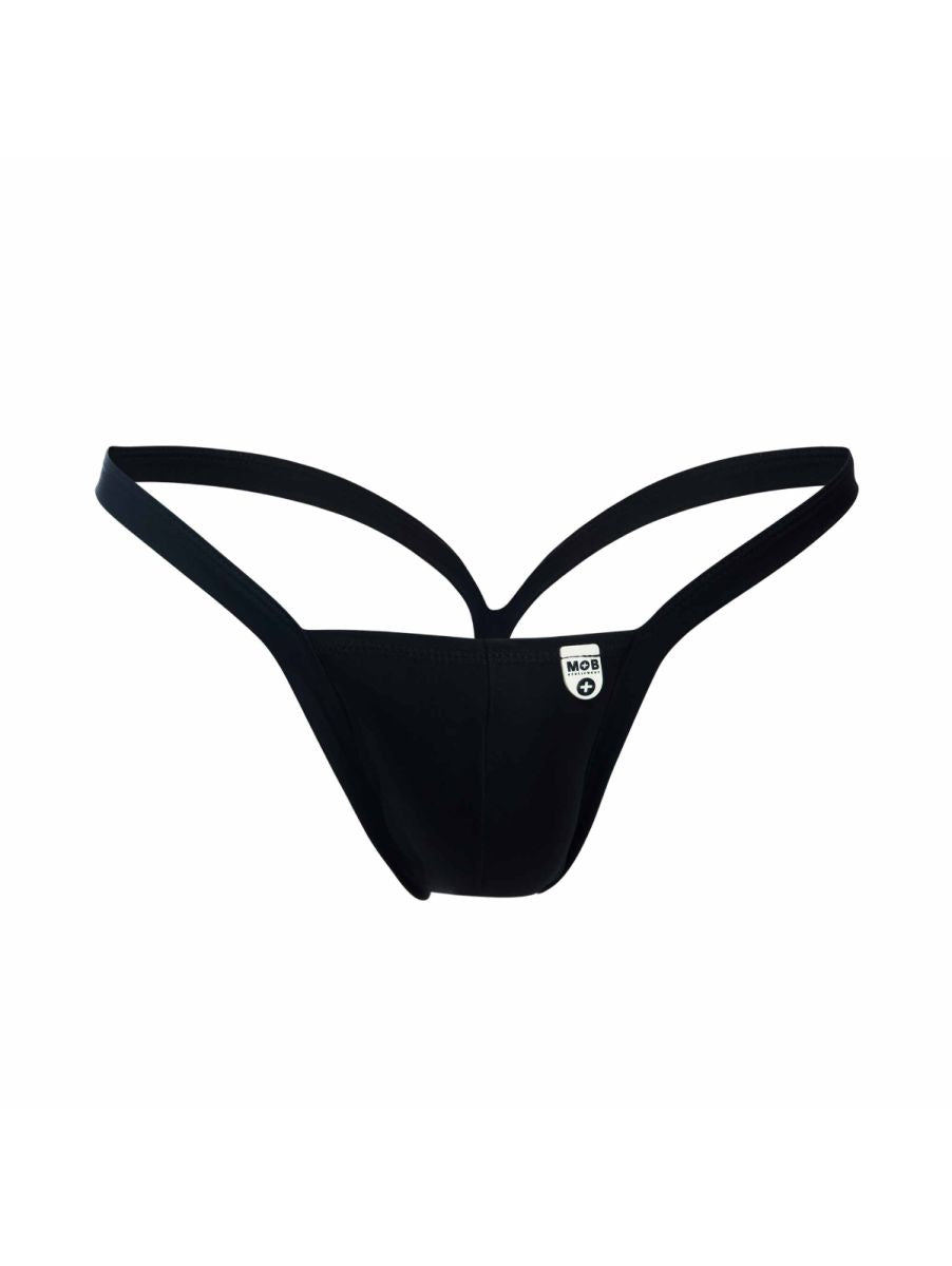 Malebasics mbl52 y buns thongs black sleek minimalist design with thin straps shown from the back side