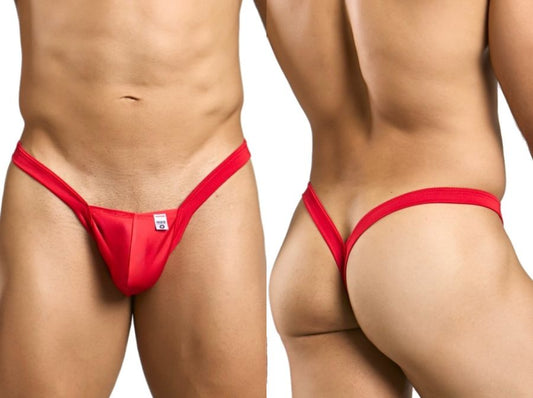 Red male basics mbl52 y buns thong with smooth satin fabric and small white tag at front
