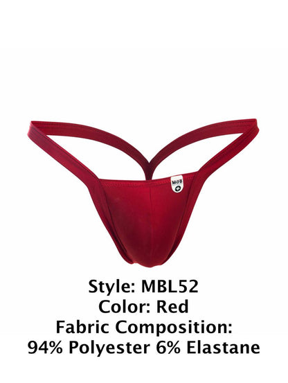 Red male basics mbl52 y buns thong made of 94 percent polyester 6 percent elastane shown from the back