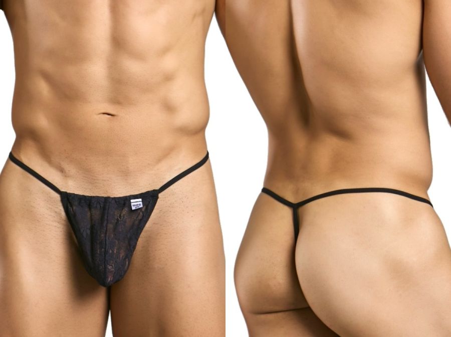 Malebasics mbl59 black lace thong with thin waistband and small brand tag shown from the back side