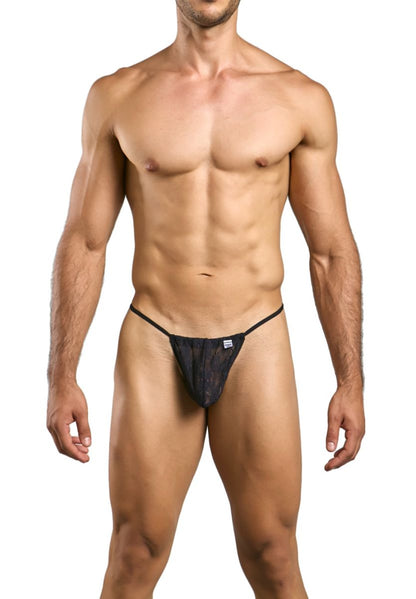 MaleBasics MBL59 black lace thong with a small white logo on the front for men