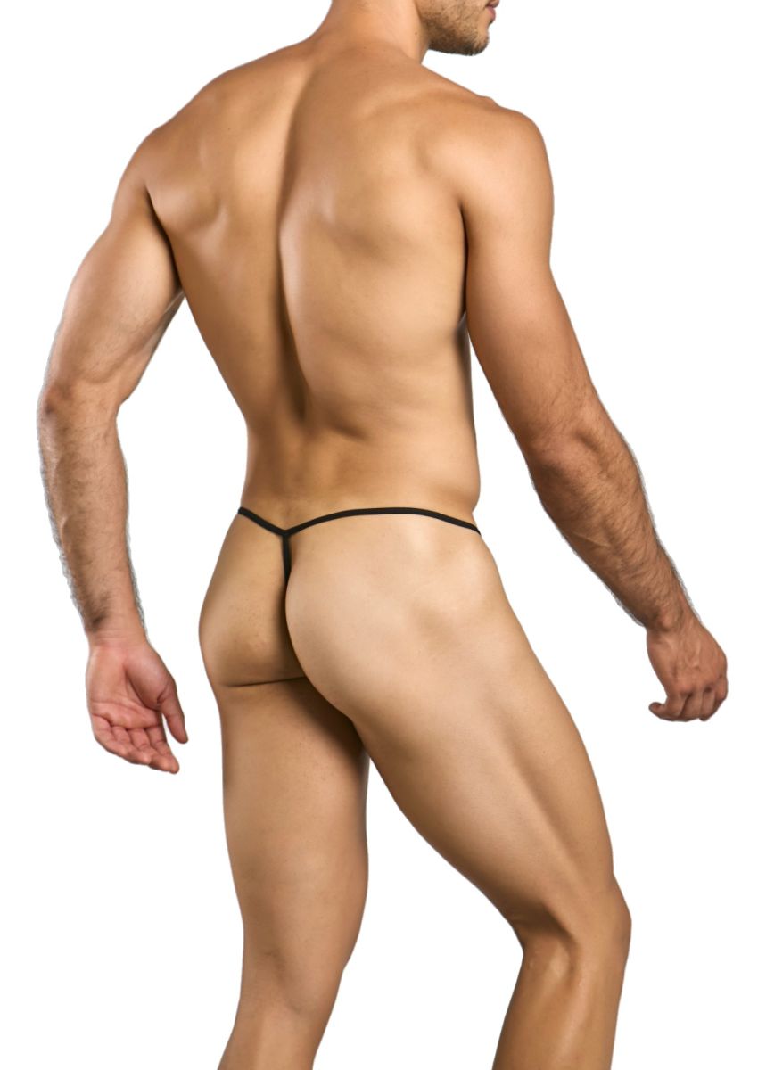 Black lace male thong with thin sleek design from malebasics mbl59 lace g-string collection showing front view