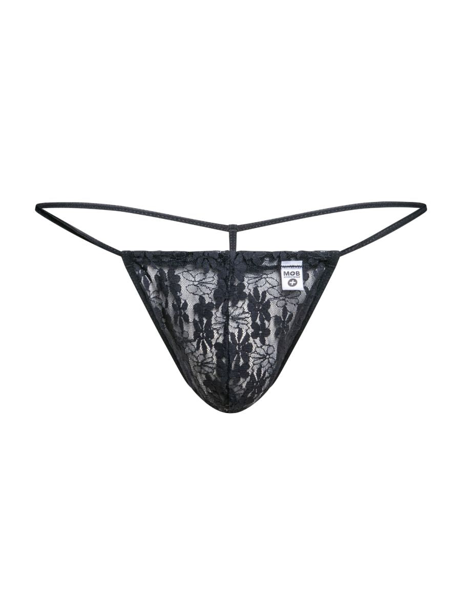 Malebasics mbl59 black lace g-string with floral pattern and thin elastic straps for men