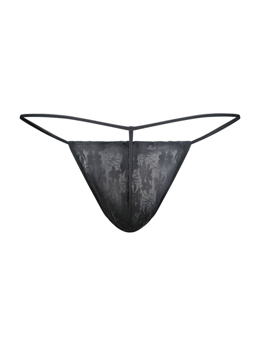 Malebasics mbl59 black lace g-string thong with delicate floral pattern and thin adjustable straps shown from back side