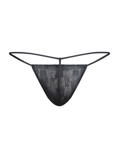 Malebasics mbl59 black lace g-string thong with delicate floral pattern and thin adjustable straps shown from back side