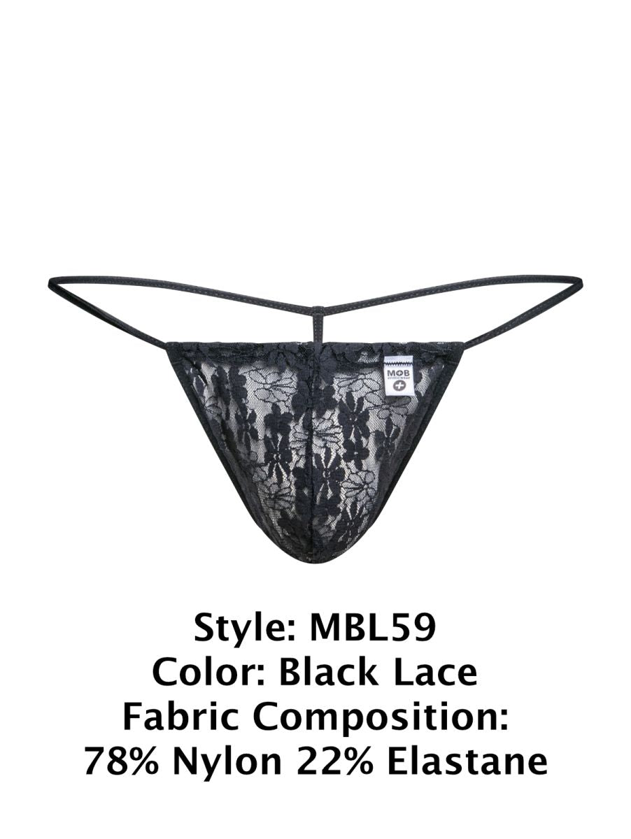Black lace malebasics mbl59 lace g-string thong with delicate floral patterns and thin elastic straps
