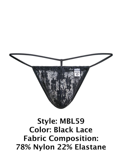 Black lace malebasics mbl59 lace g-string thong with delicate floral patterns and thin elastic straps