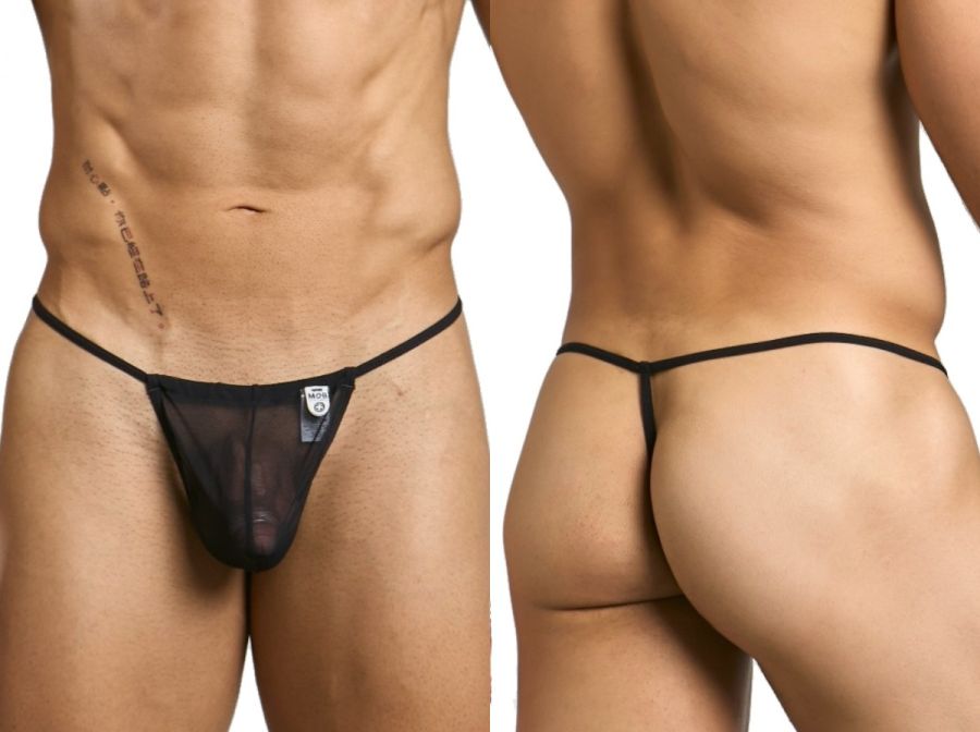 Malebasics mbl59 mesh g-string black sheer thong with thin elastic waistband and small logo patch on the front