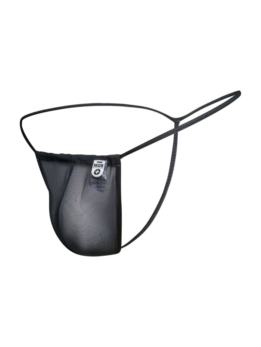 Malebasics mbl59 black mesh g-string thong with thin elastic straps and small white label on the front
