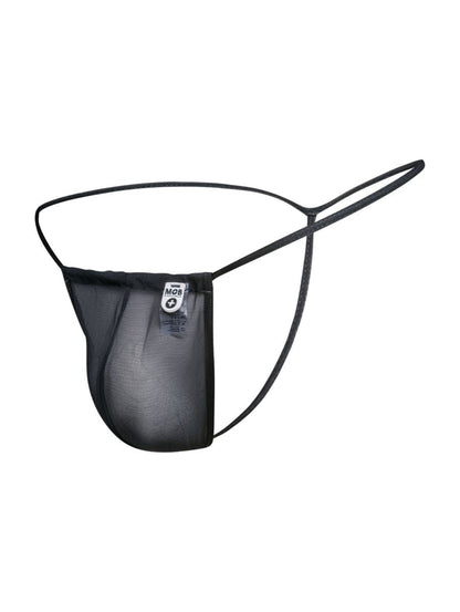 Malebasics mbl59 black mesh g-string thong with thin elastic straps and small white label on the front