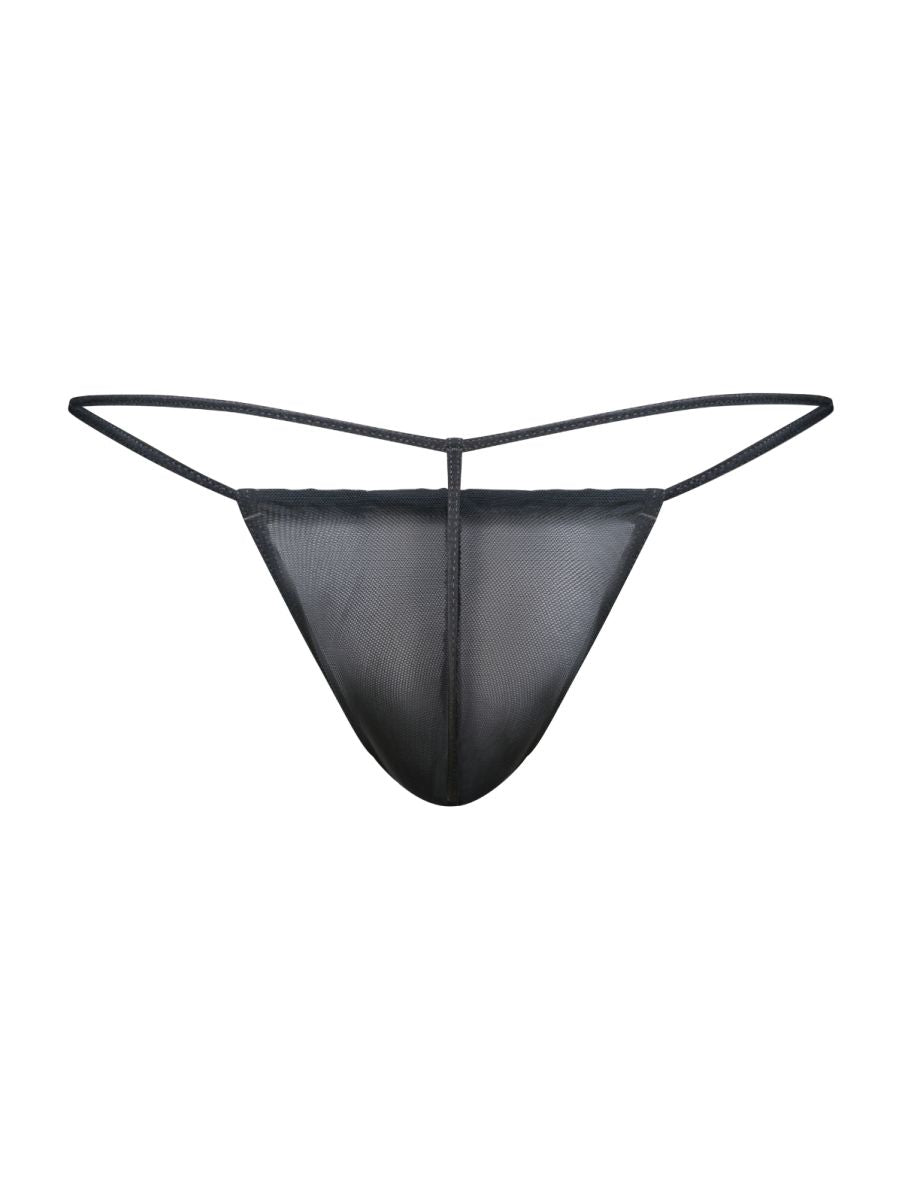 Black mesh thong g-string with thin adjustable elastic straps from malebasics mbl59 showing back side