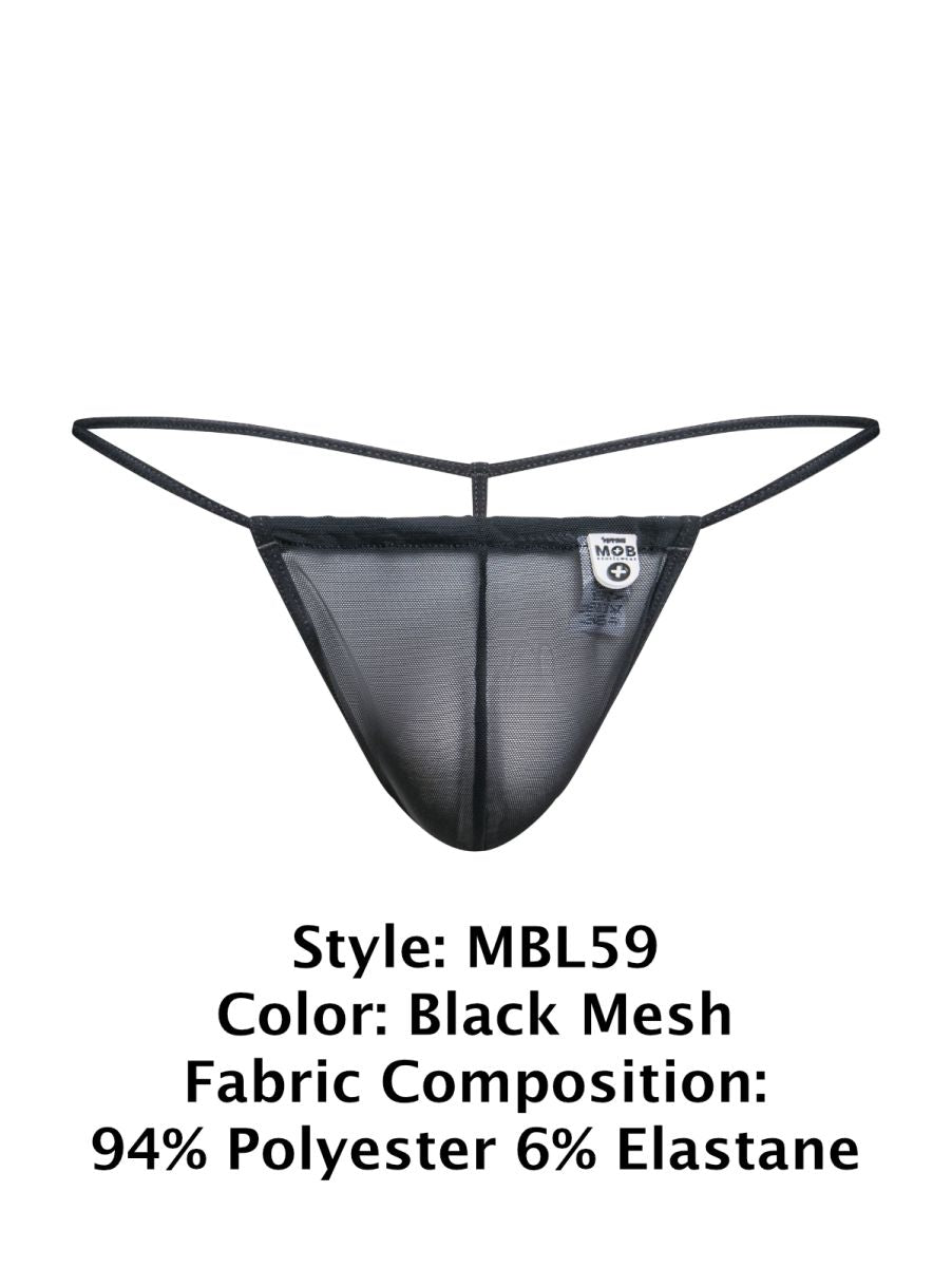Malebasics mbl59 black mesh g-string thong with thin elastic straps and a small white brand tag