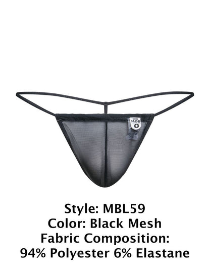 Malebasics mbl59 black mesh g-string thong with thin elastic straps and a small white brand tag