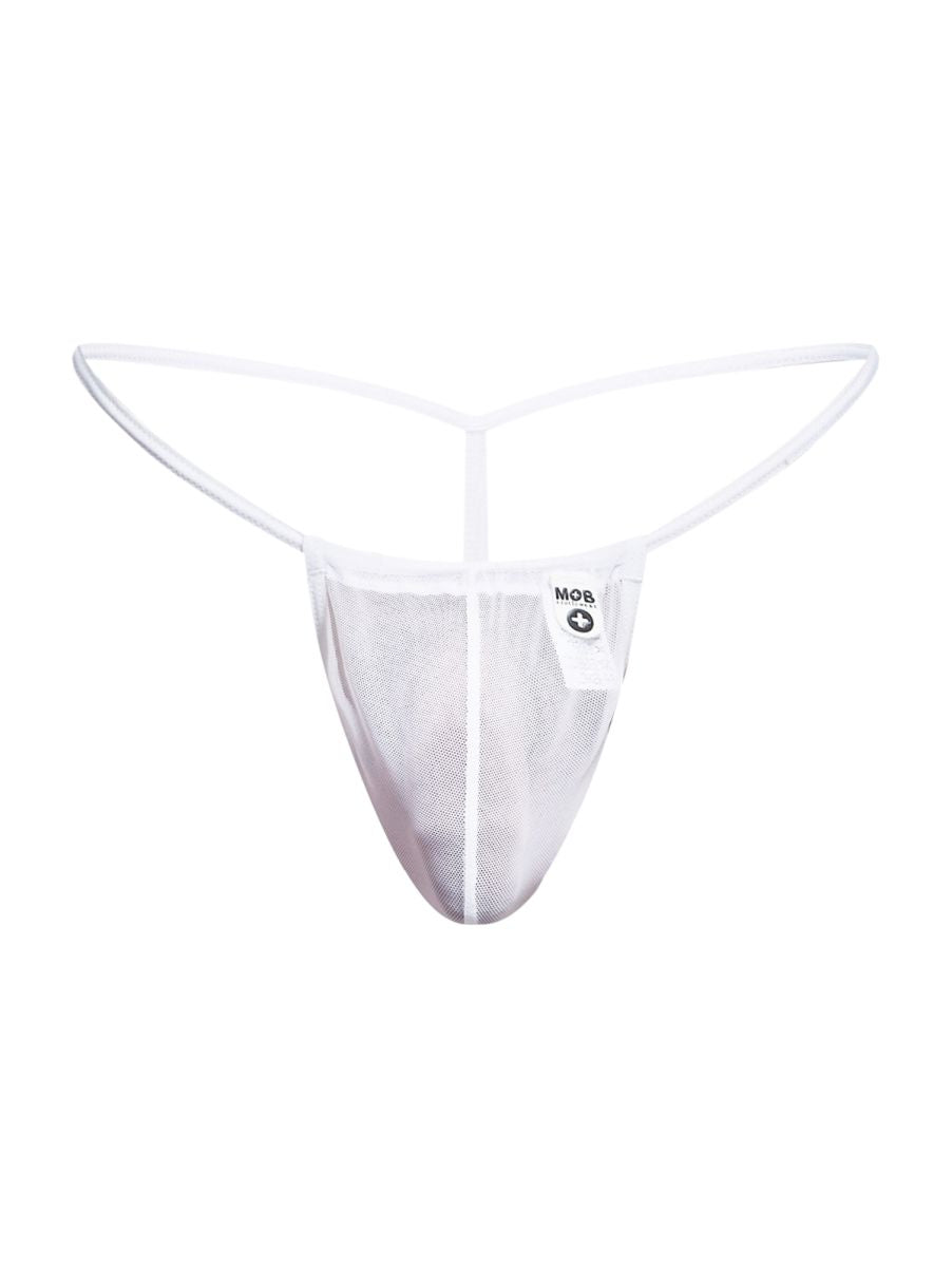 Malebasics mbl59 white mesh thong with thin supportive waistband and mob brand label on the side