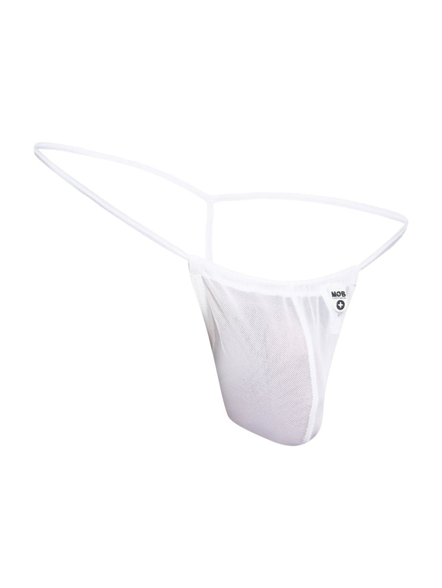 Malebasics mbl59 white mesh g-string thong with thin supportive waistband and small brand logo on the side