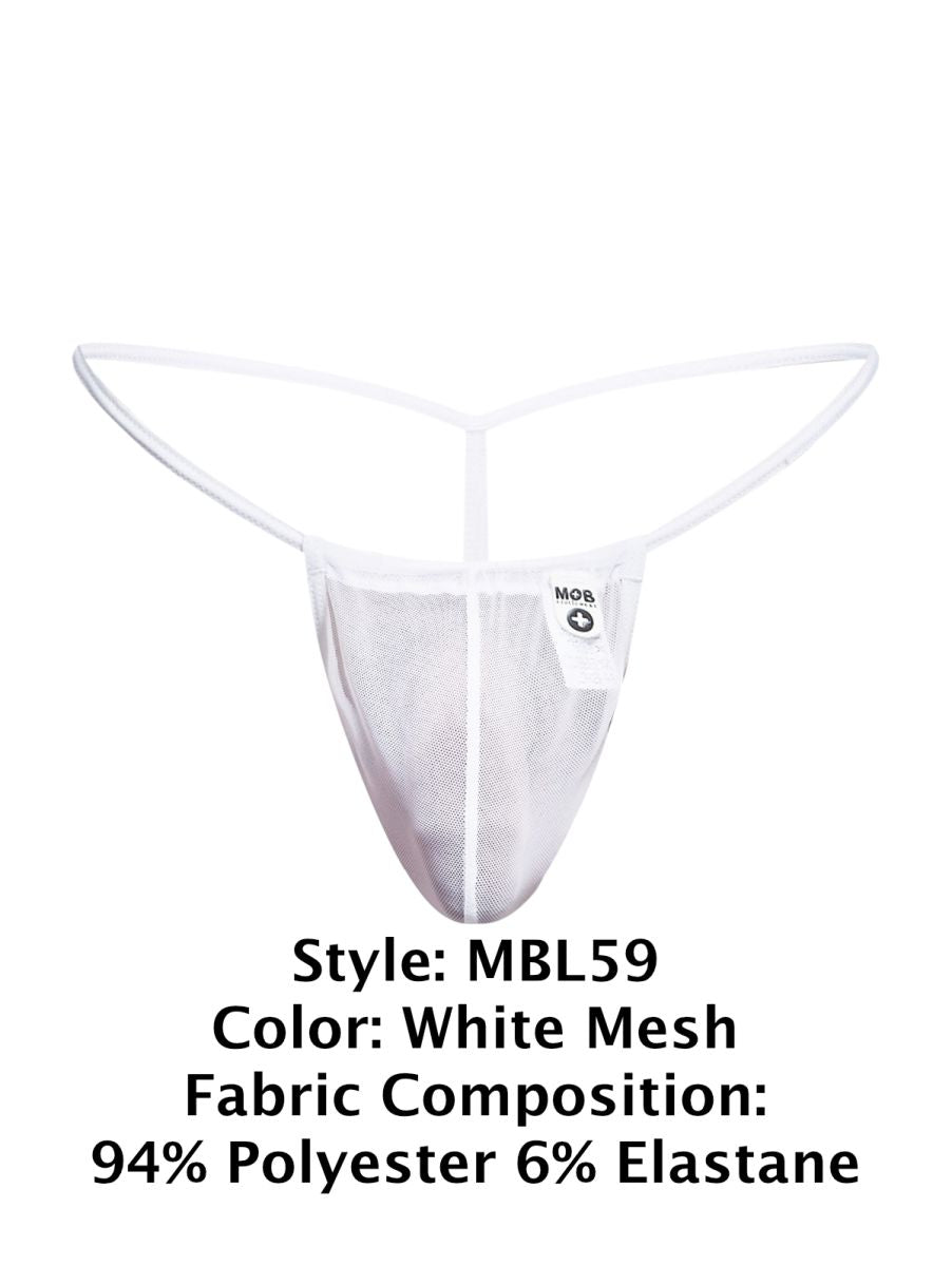 White mesh thong g-string by malebasics with y-shaped waistband and vertical seam made of 94 polyester 6 elastane